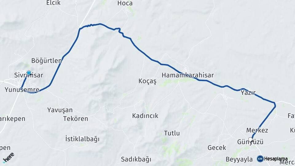 Eskişehir Sivrihisar Günyüzü Arası Kaç Km - Yol Haritası