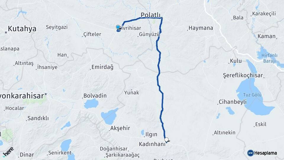 Eskişehir Sivrihisar Kadınhanı Konya Arası Kaç Km - Yol Haritası
