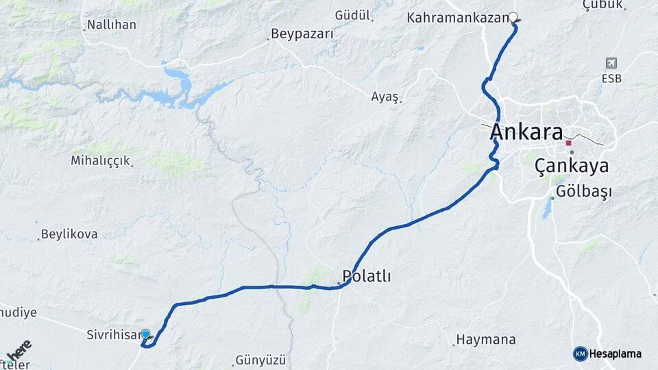 Eskişehir Sivrihisar Kahramankazan Ankara Arası Kaç Km - Yol Haritası