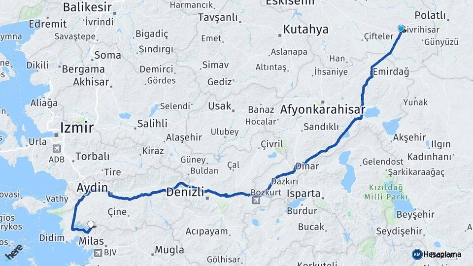 Eskişehir Sivrihisar Karahayıt Milas Muğla Arası Kaç Km - Yol Haritası