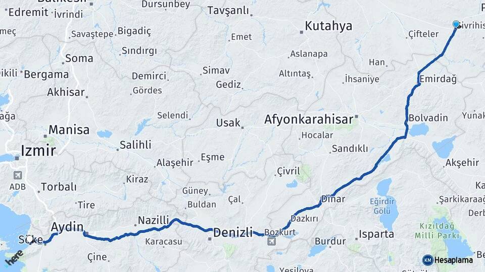 Eskişehir Sivrihisar Kuşadası Aydın Arası Kaç Km - Yol Haritası