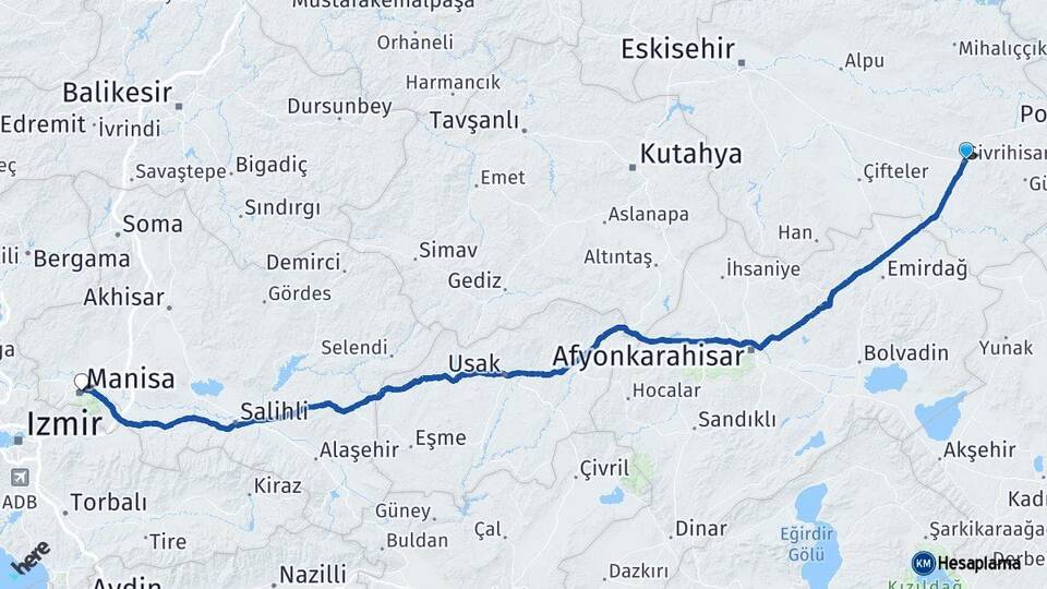 Eskişehir Sivrihisar Manisa Arası Kaç Km - Yol Haritası