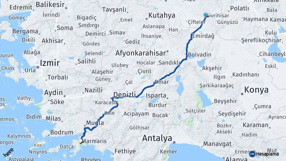 Eskişehir Sivrihisar Marmaris Muğla Arası Kaç Km - Yol Haritası