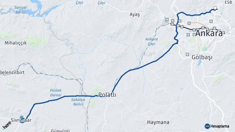 Eskişehir Sivrihisar Pursaklar Ankara Arası Kaç Km - Yol Haritası