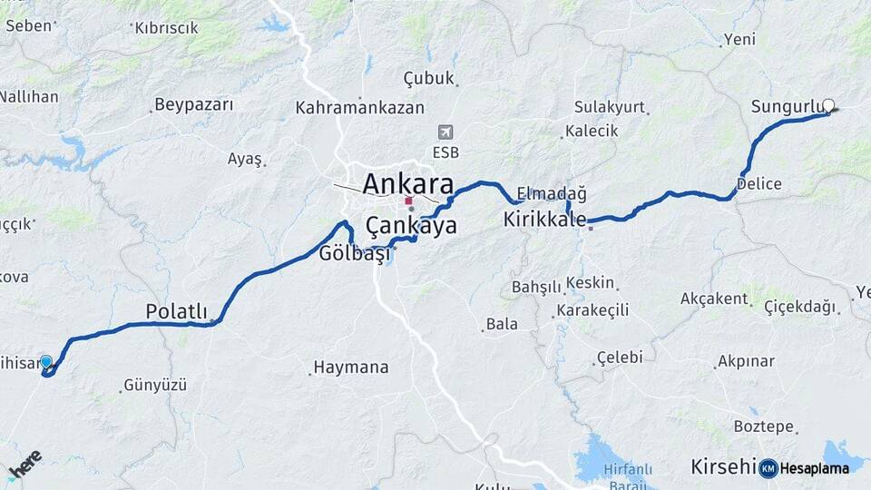 Eskişehir Sivrihisar Sungurlu Çorum Arası Kaç Km - Yol Haritası