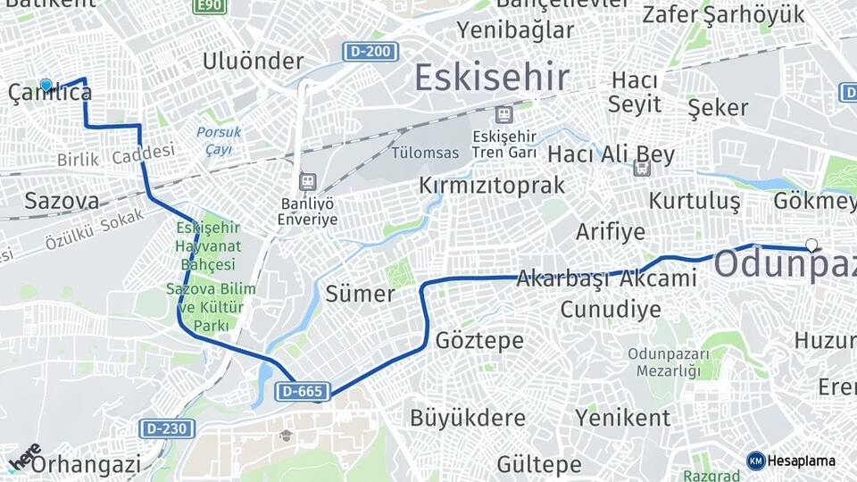 Eskişehir Tepebaşı Çamlıca Odunpazarı Arası Kaç Km - Yol Haritası