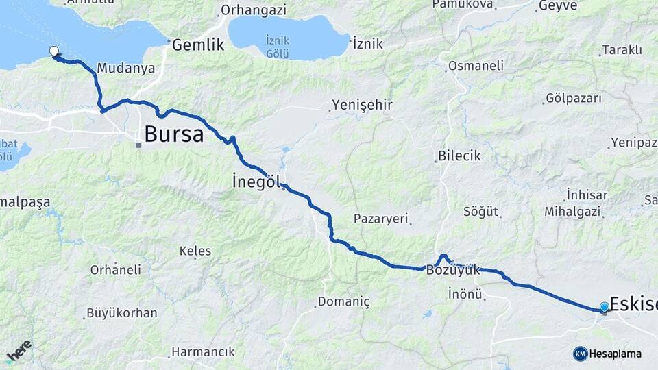 Eskişehir Tirilye Mudanya Bursa Arası Kaç Km - Yol Haritası