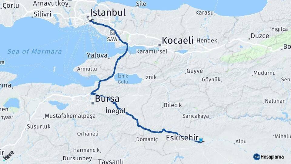 Eskişehir Üsküdar İstanbul Arası Kaç Km - Yol Haritası
