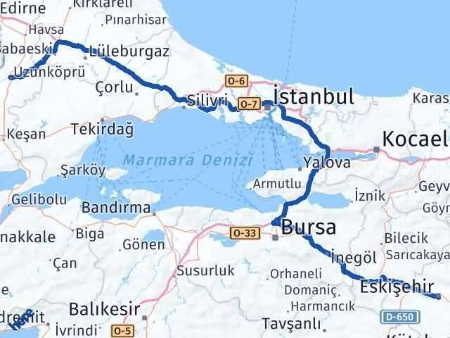 Eskişehir Uzunköprü Edirne Arası Kaç Km - Yol Haritası