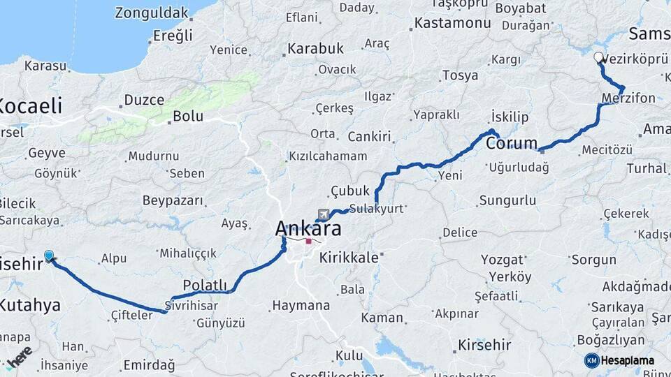 Eskişehir Vezirköprü Samsun Arası Kaç Km - Yol Haritası