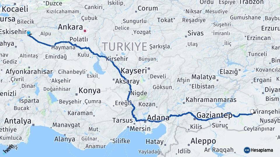 Eskişehir Viranşehir Şanlıurfa Arası Kaç Km - Yol Haritası
