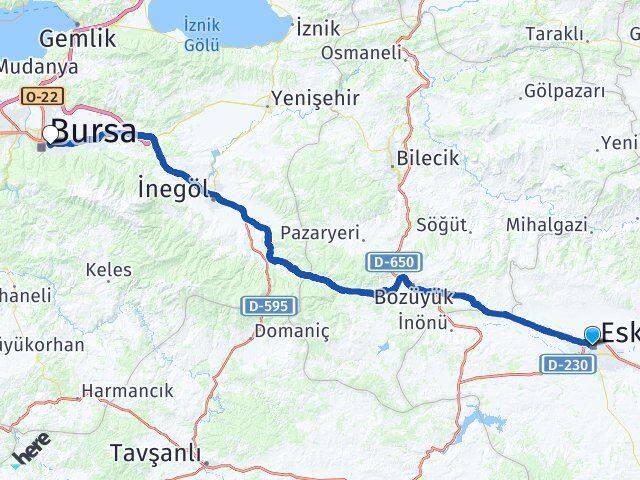 Eskişehir Yıldırım Bursa Arası Kaç Km - Yol Haritası