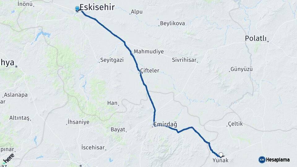 Eskişehir Yunak Konya Arası Kaç Km - Yol Haritası
