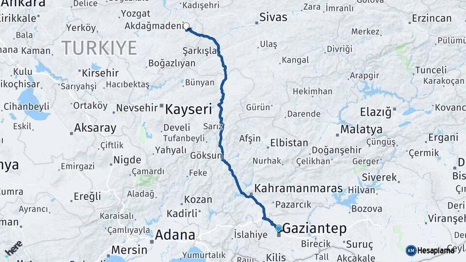 Gaziantep Akdağmadeni Yozgat Arası Kaç Km - Yol Haritası