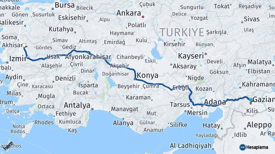 Gaziantep Akhisar Manisa Arası Kaç Km - Yol Haritası