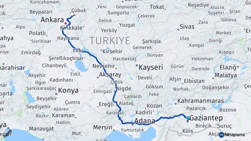 Gaziantep Akyurt Ankara Arası Kaç Km - Yol Haritası