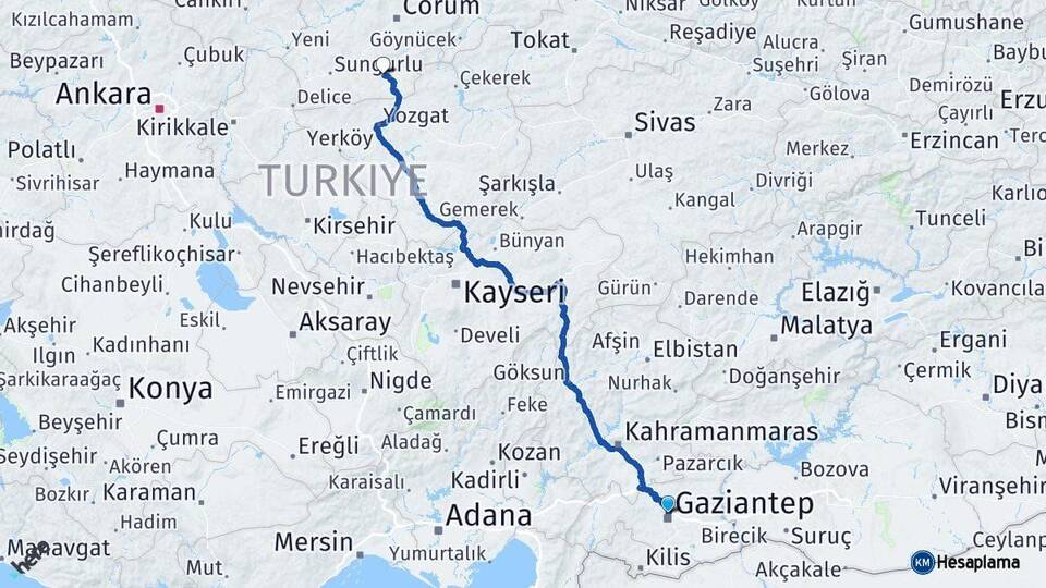 Gaziantep Alaca Çorum Arası Kaç Km - Yol Haritası