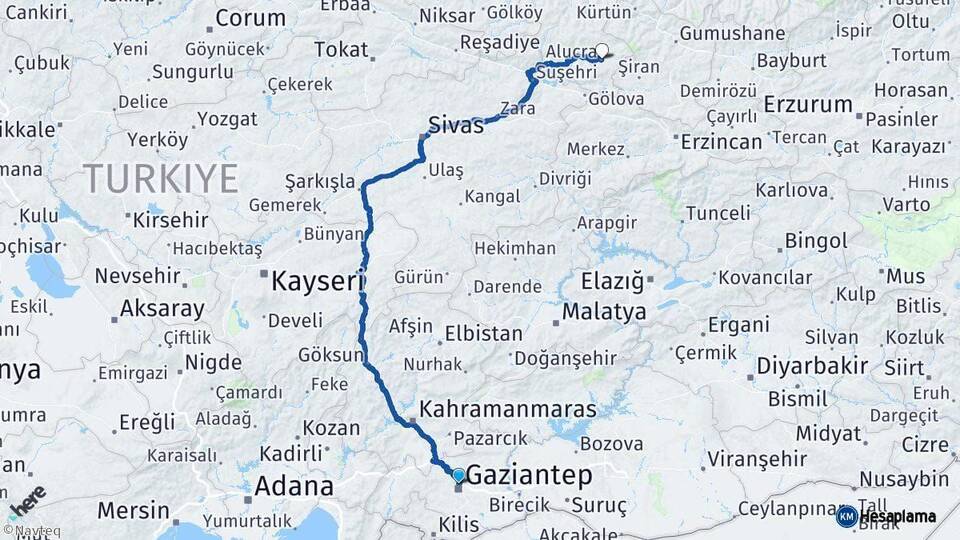 Gaziantep Alucra Giresun Arası Kaç Km - Yol Haritası