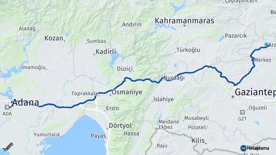 Gaziantep Araban Adana Arası Kaç Km - Yol Haritası