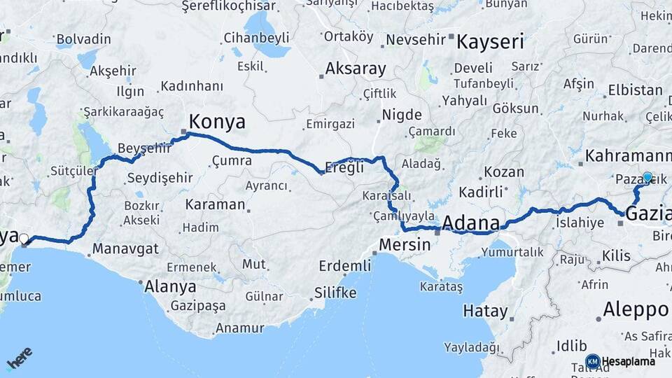 Gaziantep Araban Antalya Arası Kaç Km - Yol Haritası