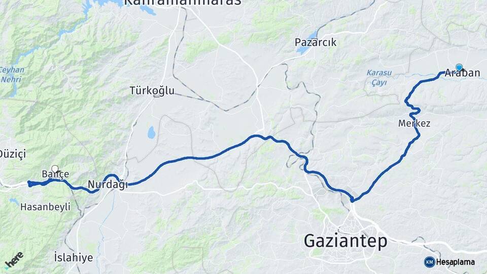 Gaziantep Araban Bahçe Osmaniye Arası Kaç Km - Yol Haritası