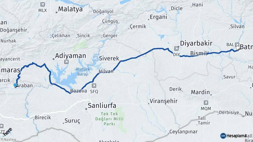Gaziantep Araban Batman Arası Kaç Km - Yol Haritası