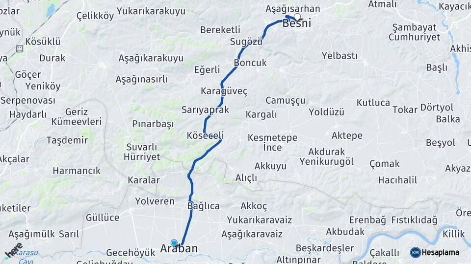 Gaziantep Araban Besni Adıyaman Arası Kaç Km - Yol Haritası