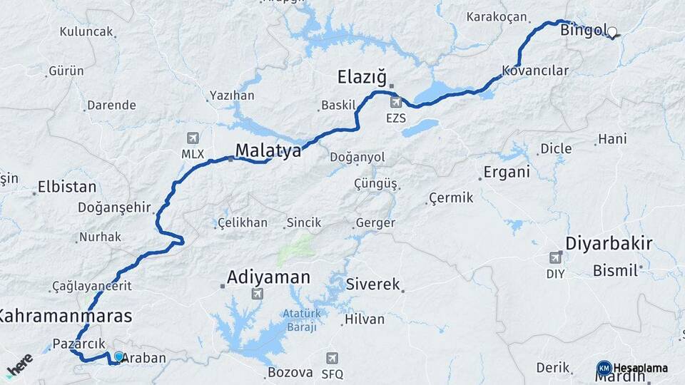 Gaziantep Araban Bingöl Arası Kaç Km - Yol Haritası