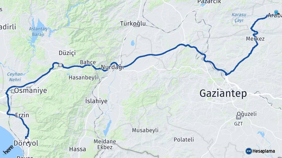 Gaziantep Araban Dörtyol Hatay Arası Kaç Km - Yol Haritası