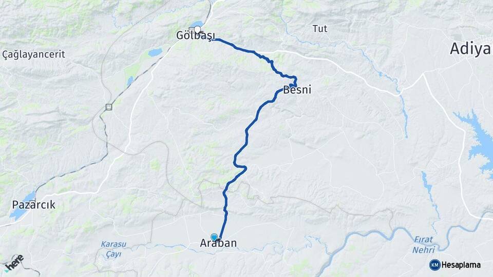 Gaziantep Araban Gölbaşı Adıyaman Arası Kaç Km - Yol Haritası