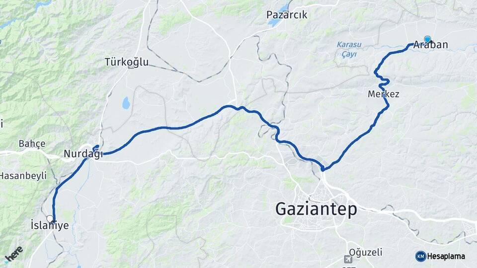 Gaziantep Araban İslahiye Arası Kaç Km - Yol Haritası