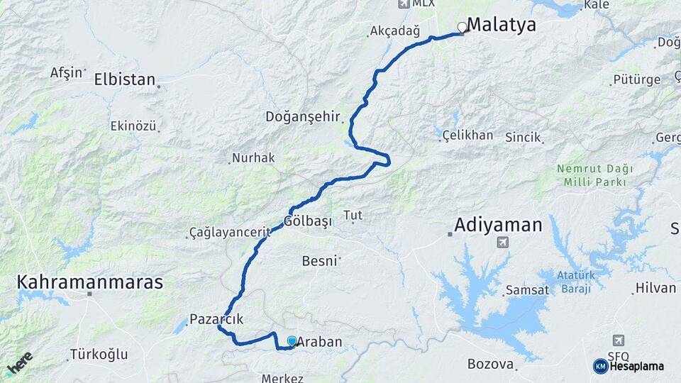 Gaziantep Araban Malatya Arası Kaç Km - Yol Haritası