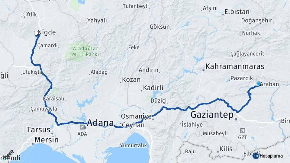 Gaziantep Araban Niğde Arası Kaç Km - Yol Haritası