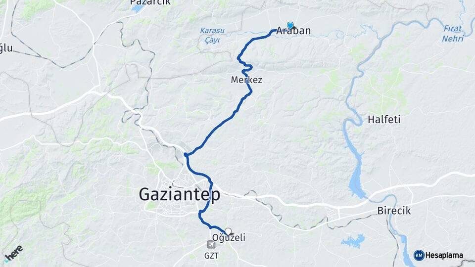 Gaziantep Araban Oğuzeli Arası Kaç Km - Yol Haritası