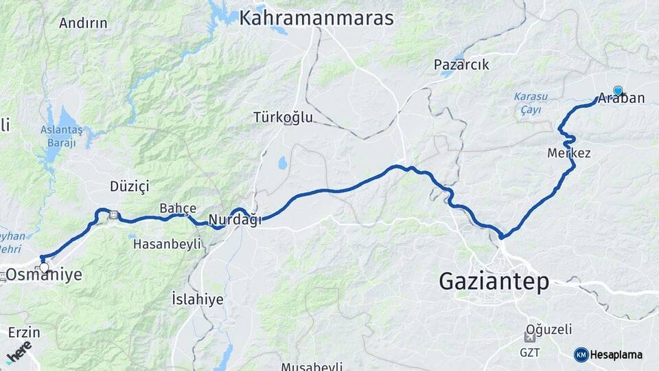Gaziantep Araban Osmaniye Arası Kaç Km - Yol Haritası