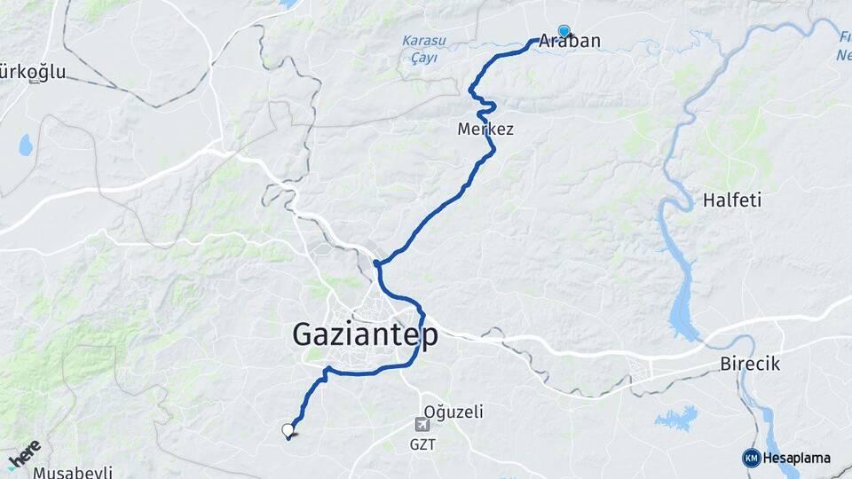 Gaziantep Araban Şahinbey Arası Kaç Km - Yol Haritası