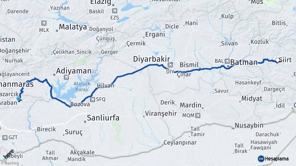 Gaziantep Araban Siirt Arası Kaç Km - Yol Haritası