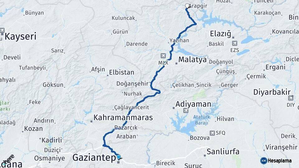 Gaziantep Arapgir Malatya Arası Kaç Km - Yol Haritası