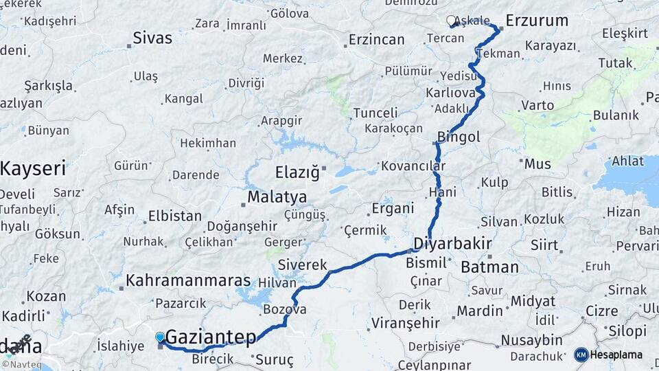 Gaziantep Aşkale Erzurum Arası Kaç Km - Yol Haritası