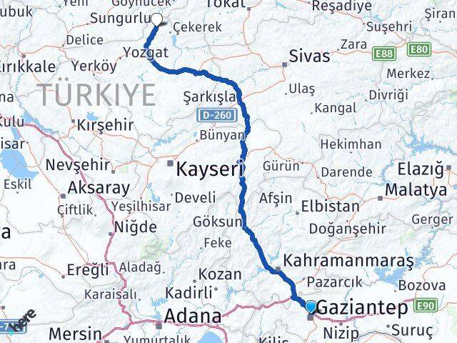 Gaziantep Aydıncık Yozgat Arası Kaç Km - Yol Haritası