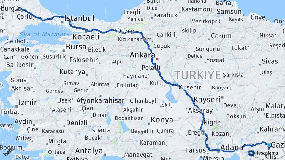 Gaziantep Babaeski Kırklareli Arası Kaç Km - Yol Haritası