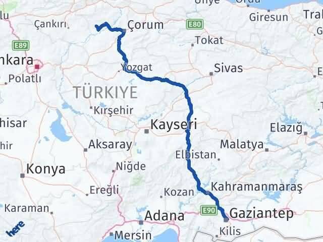Gaziantep Bayat Çorum Arası Kaç Km - Yol Haritası