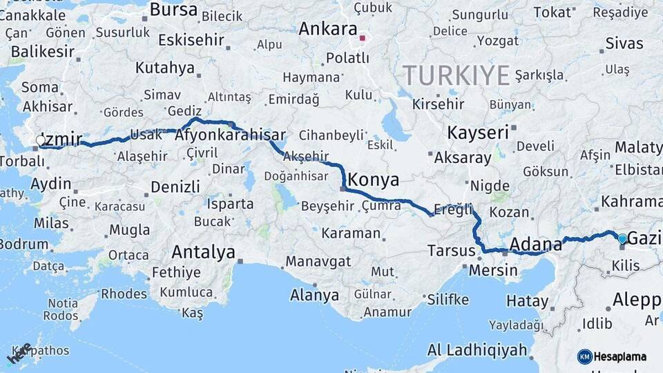 Gaziantep Bornova İzmir Arası Kaç Km - Yol Haritası