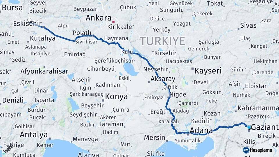 Gaziantep Bozüyük Bilecik Arası Kaç Km - Yol Haritası