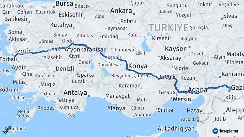 Gaziantep Buca İzmir Arası Kaç Km - Yol Haritası