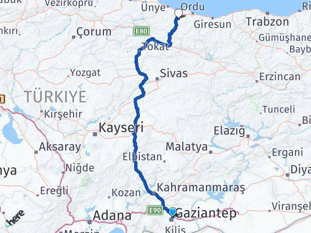 Gaziantep Çamaş Ordu Arası Kaç Km - Yol Haritası