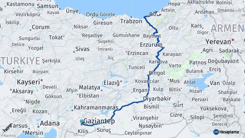 Gaziantep Çamlıhemşin Rize Arası Kaç Km - Yol Haritası
