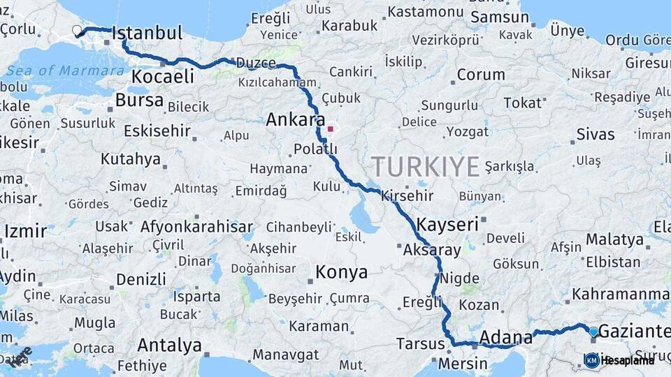 Gaziantep Çatalca İstanbul Arası Kaç Km - Yol Haritası