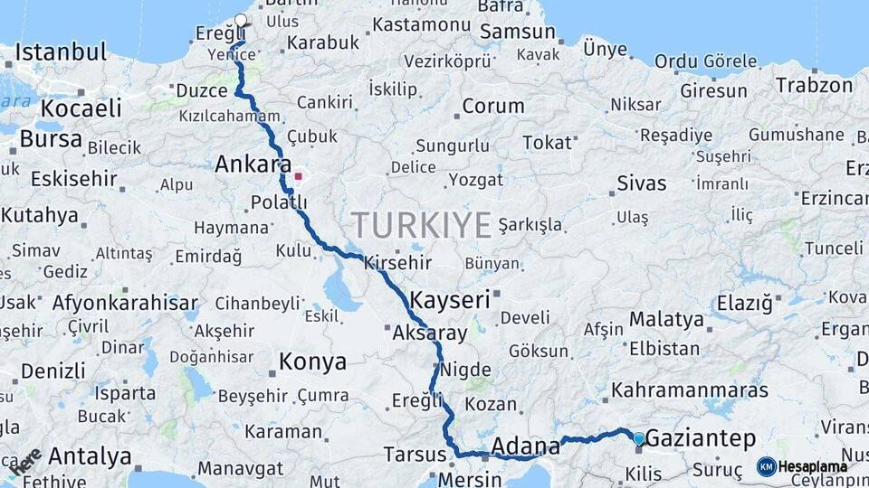 Gaziantep Çaycuma Zonguldak Arası Kaç Km - Yol Haritası