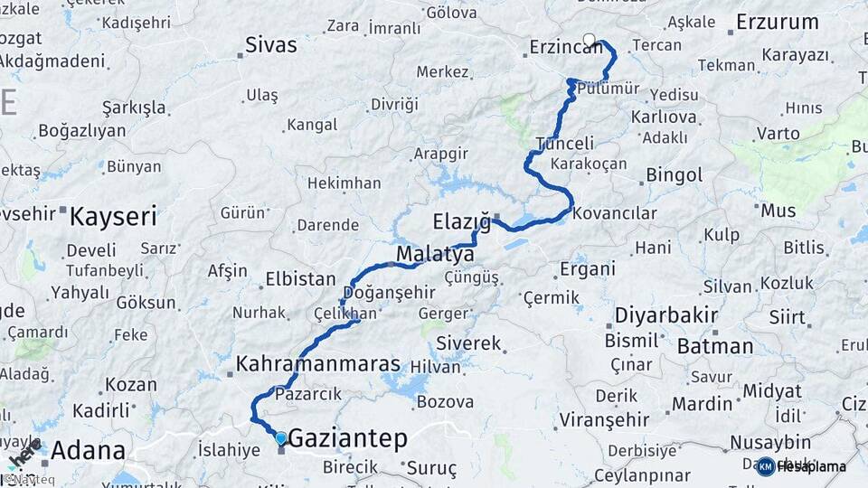 Gaziantep Çayırlı Erzincan Arası Kaç Km - Yol Haritası